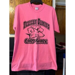 Gildan‎ Pelican Gaming Card Shark Graphic T-Shirt Pink Mens Medium Poker Shark